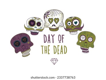 Post card or banner with sugar skull decorated by design elements. Mexican national holiday Day of the dead. Festive banner templates for Dia de los muertos. Vector illustration