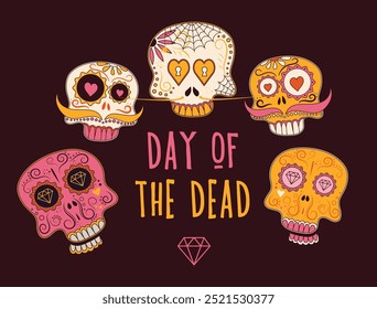 Cartão postal ou banner com crânio de açúcar decorado por elementos de design e ornamento floral colorido. Dia Nacional Mexicano dos Mortos. Modelos festivos de banner para Dia de los muertos. Vetor