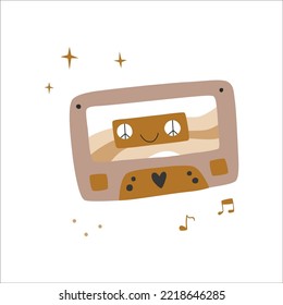 Post card. Cassette for tape recorder. Stars and notes. The illustration is suitable for postcards, printing on notebooks, notebooks, mugs, backpacks.
