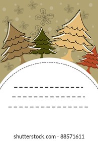 post card with christmas tree element with floral & dotted background