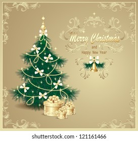Post Card With Christmas Tree And Gifts Bows, Bells, Stars, Garland And Beads