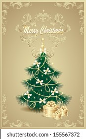 Post card with Christmas Tree and gifts bows, bell, stars, garland and beads 