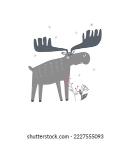 Post card. Cute moose. Ideal for New Year and Christmas cards, printing on fabric, paper, mugs, backpacks, merch.
