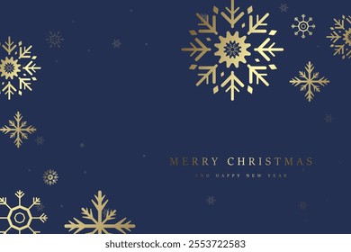 A post card design in Premuim Christmas snow flakes, gold snow flakes on blue background. Elegant snow with A Merry Christmas and Happy New Year text for greeting card vector