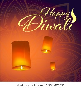 Post card for Diwali festival with realistic sky lanterns and mandala. Happy Diwali concept, insignia. Typography poster or logo for Diwali festival. Banner for web.