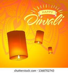 Post card for Diwali festival with realistic sky lanterns and mandala. Happy Diwali concept, insignia. Typography poster or logo for Diwali festival. Banner for web.