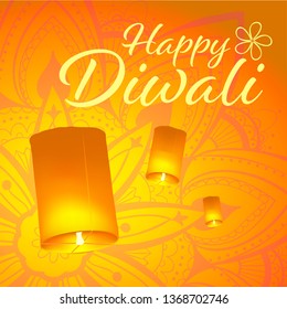 Post card for Diwali festival with realistic sky lanterns and mandala. Happy Diwali concept, insignia. Typography poster or logo for Diwali festival. Banner for web.