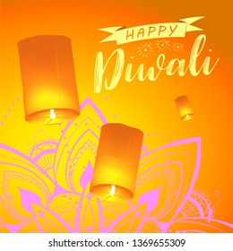 Post card for Diwali festival with realistic sky lanterns and mandala. Happy Diwali concept, insignia. Typography poster or logo for Diwali festival. Banner for web.