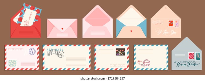 Post card and envelope set. Isolated hand-drawn postal cards and envelopes with post stamps. Modern collection of love and friendship letter designs. Vector illustrations for web and print.