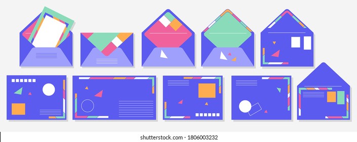 Post card and envelope set. Isolated hand-drawn postal cards and envelopes with stamps. Modern collection letter designs. Vector illustrations for web and print.Memphis style.