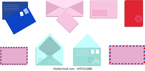 Post card and envelope set. Isolated hand-drawn postal cards and envelopes with post stamps.Vector illustrations for web and print.