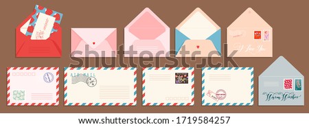 Post card and envelope set. Isolated hand-drawn postal cards and envelopes with post stamps. Modern collection of love and friendship letter designs. Vector illustrations for web and print.