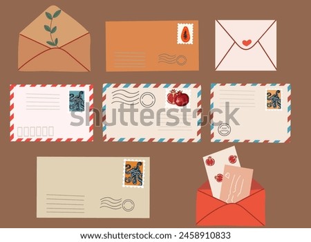 Post card and envelope set. Isolated hand drawn postal cards and envelopes with post stamps. Modern collection of love and friendship letter designs. Vector illustrations for web and print.