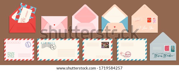 Post card and envelope set. Isolated hand-drawn
postal cards and envelopes with post stamps. Modern collection of
love and friendship letter designs. Vector illustrations for web
and print.