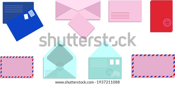 Post card and envelope set. Isolated hand-drawn\
postal cards and envelopes with post stamps.Vector illustrations\
for web and print.