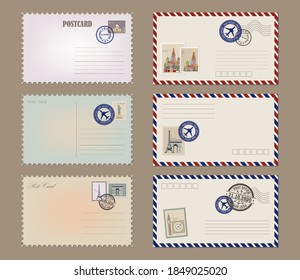 Tarjeta postal y juego de sobres. Diseños, sobres y sellos de postal antiguos. Postal antigua realista. Ilustración del vector EPS10