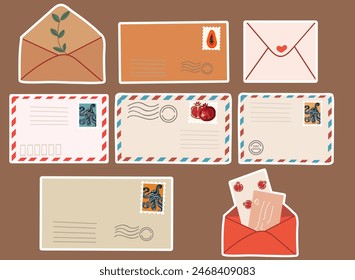 Tarjeta postal y paquete de pegatinas sobre. Tarjetas postales dibujadas a mano aisladas y sobres con sellos postales. Colección moderna de diseños de cartas de amor y amistad. Ilustraciones vectoriales de Web e impresión.