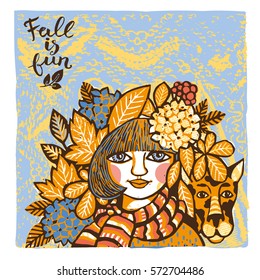 Post card "Fall is fun". Pretty girl walks with dog in autumn, vector based color linocut.