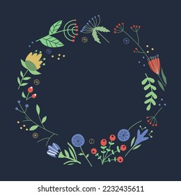 Post card. Floral frame. Cornflowers, tulips, lilies, leaves, twigs of modern style. Scandinavian style. Subdued tones. Suitable for postcard printing, advertising and merchandise.