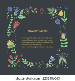 Poste la tarjeta. Marco floral para texto. Cornflores, tulipanes, lirios, hojas, ramas de estilo moderno. Estilo escandinavo. Tonos suaves. Adecuado para impresión, publicidad y mercadería de postales.