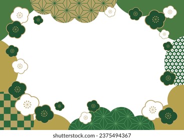 Post card Frame with green Japanese pattern and a transparent middle of a square of plum blossoms