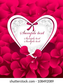Post card or frames or banners with  heart, red  petals rose, bow and with water drops