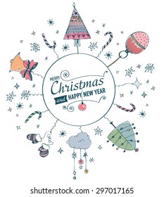 Post card with hand drawn watercolor christmas doodle. Vector illustration.