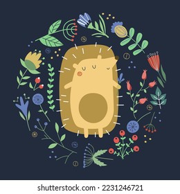 Post card. Hedgehog among flowers. Scandinavian style. Round frame. Muted tones. Suitable for printing postcards, advertisements and merchandise.