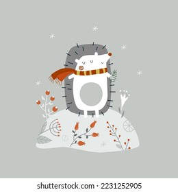Post card. Hedgehog in the winter grass, with berries, flowers and snowflakes. Ideal for New Year and Christmas cards, printing on fabric, paper, mugs, backpacks, merch.