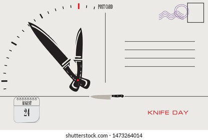 Post card Knife Day. Event august, Festive post card with Dial with knives instead of hands.
