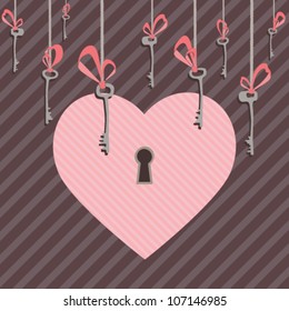 Post card with large pink heart with a keyhole and key