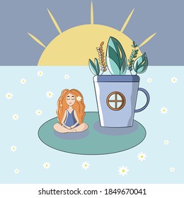 Post-Card hellblauer Sonnentraum Meditation Frau