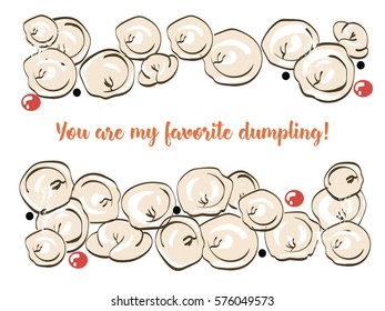  post card love feelings emotions funny card greeting vector illustration dumplings snacks nice compliment Russian dish pelmen favorite 