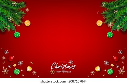 Post Card Merry Christmas and Happy New Year 2022. Xmas decorative design elements on red background. Horizontal Christmas posters, greeting cards. Objects viewed from above.