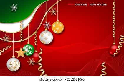 Post Card Merry Christmas and Happy New Year. Xmas decorative design elements on red background. Horizontal Christmas posters, greeting cards. 