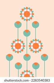 Post card with modern geometry flowers. Orange and green ornament. Colorful Flowers. Abstract style. Retro elements. Nature mechanism.