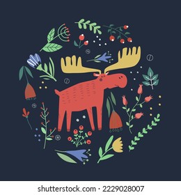 
Poste la tarjeta. Moose en un círculo de plantas y flores. Tonos suaves. Adecuado para impresión, publicidad y mercadería de postales.