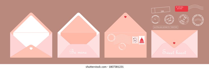 Post card set vector. Envelopes with post stamps for website, app, chat, print. Valentine letter design. Correspondence between friends or lovers.