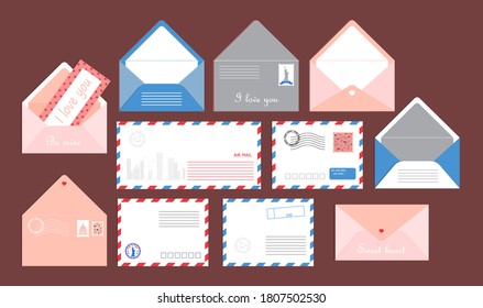 Post card set vector. Envelopes with post stamps for website, app, chat, print. Valentine letter design. Correspondence between friends or lovers.