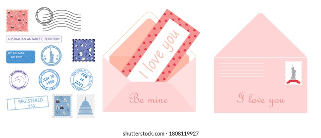 Post card set vector. Envelopes with post stamps for website, app, chat, print. Valentine letter design. Correspondence between friends or lovers.