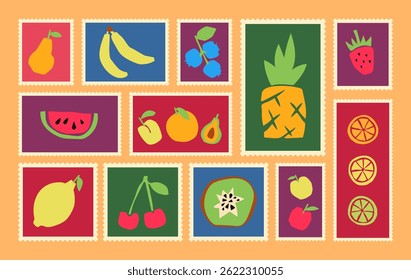 Post card stamp stamp bundle. Pear, banana, blueberry, pineapple, strawberry, watermelon, apricot, orange, avocado, lemon, cherry, kiwi, apple and citrus slices. Colorful cutouts fruits 