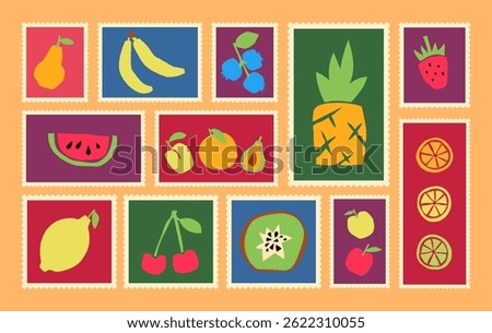 Post card stamp stamp bundle. Pear, banana, blueberry, pineapple, strawberry, watermelon, apricot, orange, avocado, lemon, cherry, kiwi, apple and citrus slices. Colorful cutouts fruits 