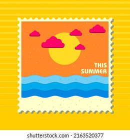 Post card Summer time, vector design with sunset and sea elements, colorful sky unique reddish orange background. Vector illustration.