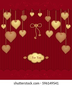 Post Card with texture Hearts on ropes  in  red gold colors for congratulation of  Valentine Day or for love confession or for gift