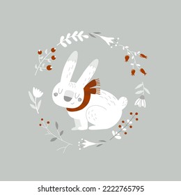 Poste la tarjeta. Liebre blanca en un marco floral. Ideal para tarjetas de Año Nuevo y Navidad, impresión en tela, papel, tazas, mochilas, merch.