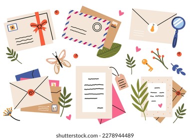 Post cards, envelopes, post stamps, craft paper letters and mail envelopes. Greeting or invitation cards, romantic messages with organic floral elements. Sending correspondence vector