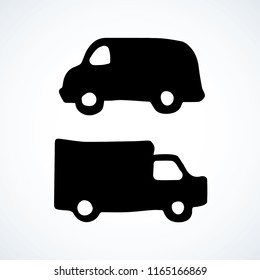 Post carrier machine on white background. Web ui logo concept. Dark ink hand drawn picture emblem sketchy in art retro engraving contour style. View side with space for text