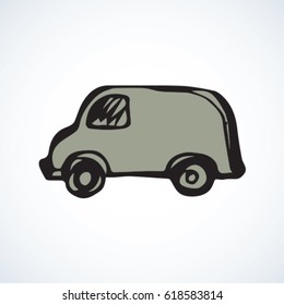 Post carrier machine on white background. Web outline ui logo concept. Freehand linear black ink hand drawn picture emblem sketchy in art retro scribble contour style. View side with space for text