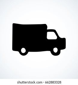 Post carrier machine on white background. Web ui logo concept. Dark ink hand drawn picture emblem sketchy in art retro engraving contour style. View side with space for text