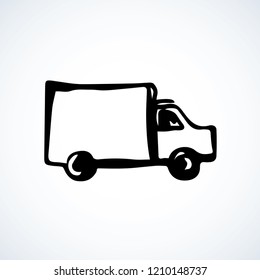 Post carrier wagon machine on white backdrop. Web outline ui logo concept. Freehand linear black ink hand drawn picture emblem sketchy in art retro doodle contour style. View side with space for text